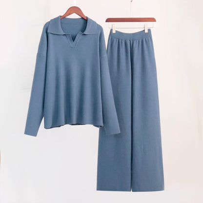 Conjunto de dos piezas de camiseta y pantalones de manga larga de punto con cuello polo informal para mujer