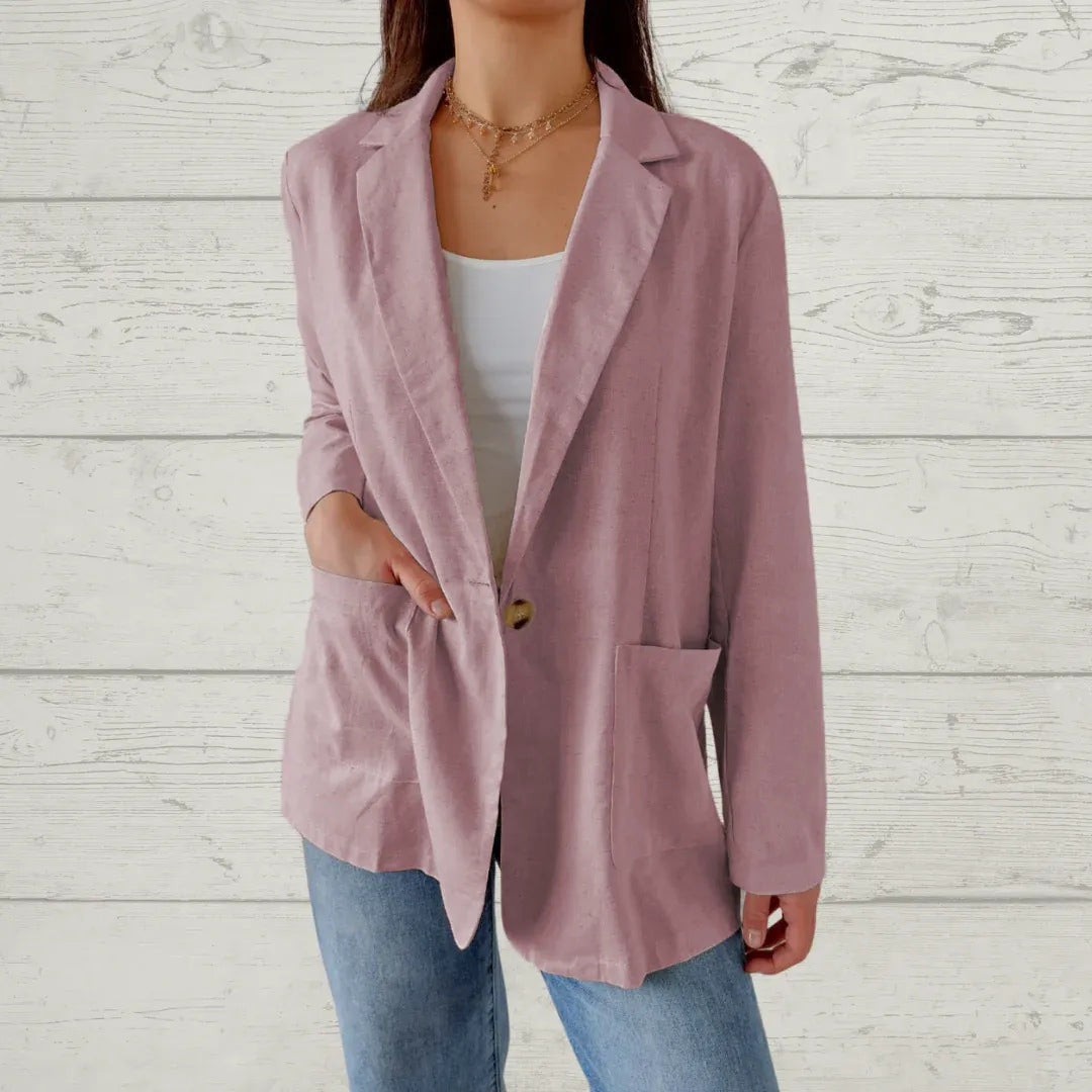 Women Casual Solid Color Cotton And Linen Lapel Button Blazer