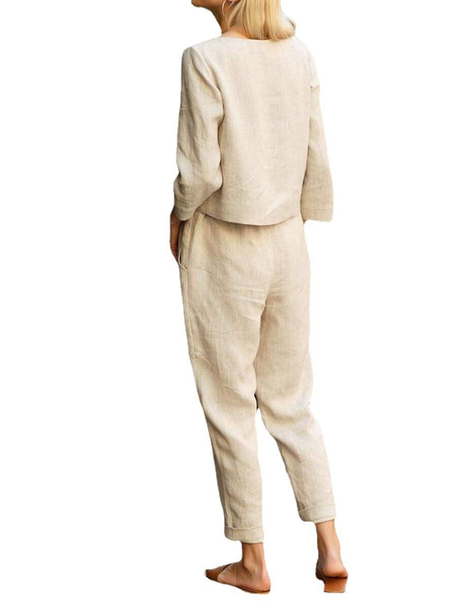 Conjunto de top y pantalón informal de color liso para mujer, otoño