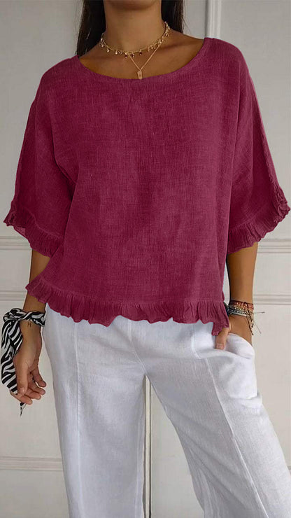 Camisa de lino y algodón con cuello redondo de color liso informal de verano para mujer