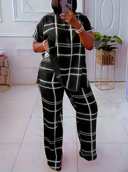 Conjunto de dos piezas informal de talla grande para mujer, con estampado a cuadros, manga corta, pantalones anchos