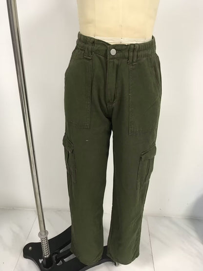 Women Fashion Casual Solid Color High-Waist Multi-Pocket Slim-Fit Pants