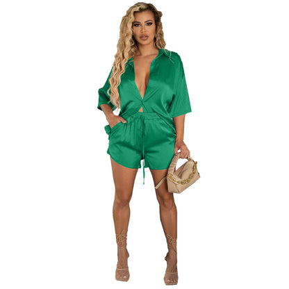Conjunto de dos piezas para mujer: camisa de manga corta de color liso con botonadura sencilla y pantalones cortos casuales holgados