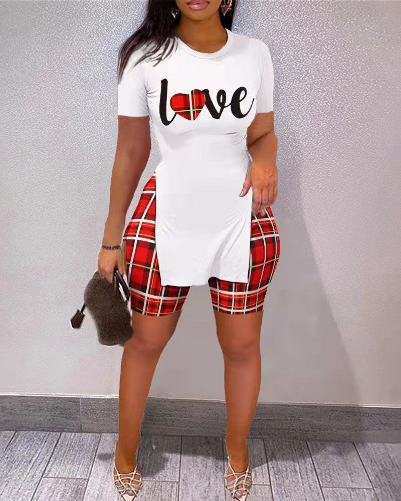 Conjunto de dos piezas de chándal informal para mujer, camiseta de manga corta con estampado de letras y pantalones cortos de motociclista.