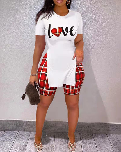Conjunto de dos piezas de chándal informal para mujer, camiseta de manga corta con estampado de letras y pantalones cortos de motociclista.