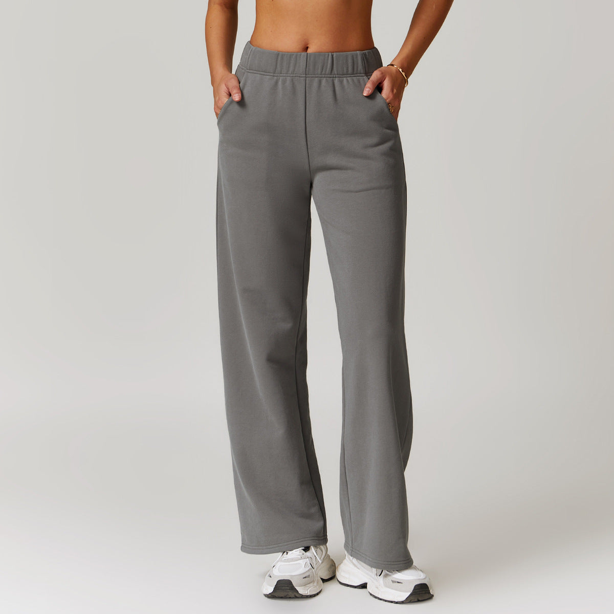 Women Fashion Casual Solid Color High Waist Pocket Sports Pants