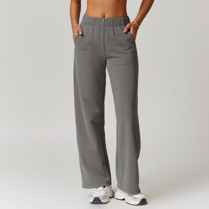 Women Fashion Casual Solid Color High Waist Pocket Sports Pants