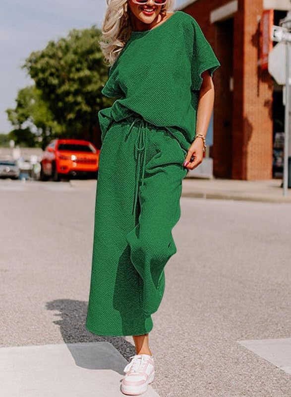Women Fashion Casual Solid Color Short Sleeve Round-Neck Top Loose Drawstring Pants Two-Piece Set