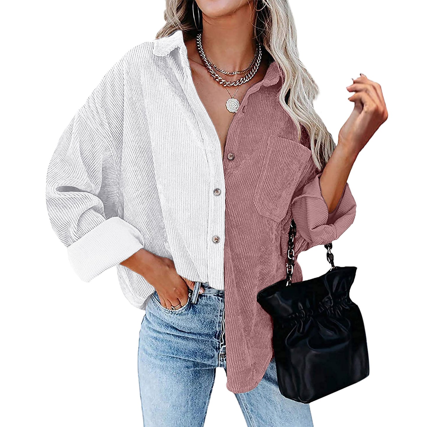Blusa informal de manga larga con solapa y botones para mujer, con diseño de patchwork y bloqueo de color