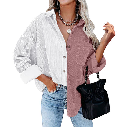 Blusa informal de manga larga con solapa y botones para mujer, con diseño de patchwork y bloqueo de color
