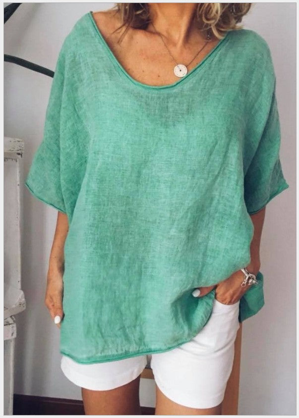 Camiseta informal de verano para mujer, color liso, cuello en V, manga corta, sin mangas