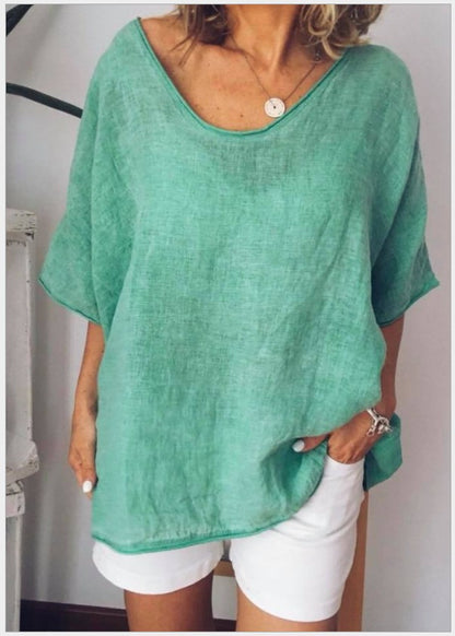 Camiseta informal de verano para mujer, color liso, cuello en V, manga corta, sin mangas