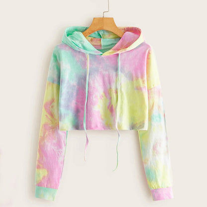 Sudadera corta informal con estampado tie-dye de manga larga para mujer
