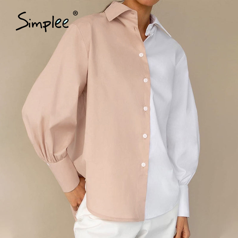 Blusa informal de trabajo para mujer con mangas largas abullonadas, botonadura sencilla y diseño de bloques de color