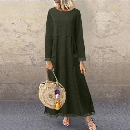Vestido largo sencillo de color liso con mangas largas y costuras de encaje para mujer