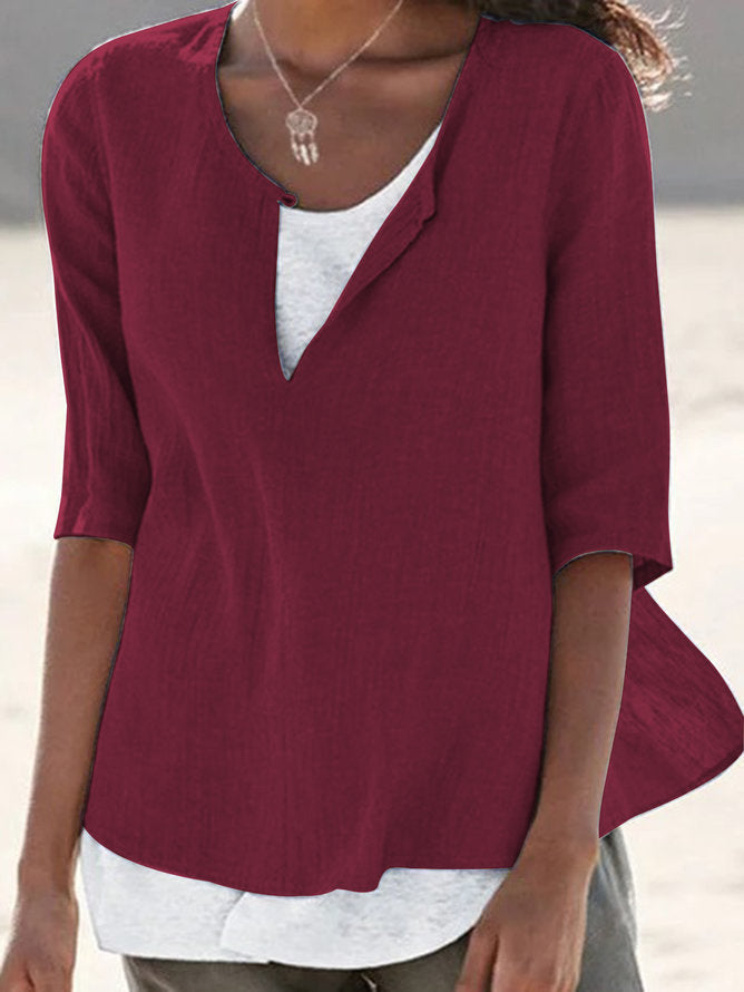 Blusa informal de lino con cuello en V y color liso para mujer