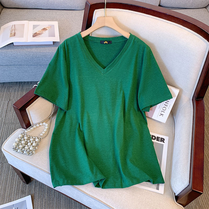 Camiseta informal de verano para mujer, color liso, cuello en V y manga corta