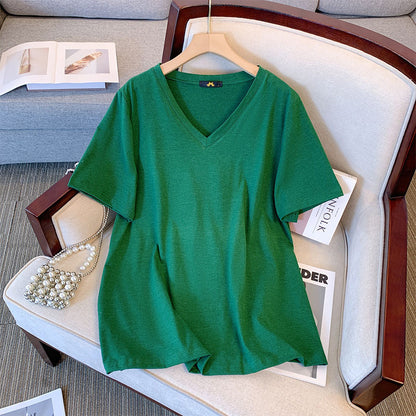 Camiseta informal de verano para mujer, color liso, cuello en V y manga corta