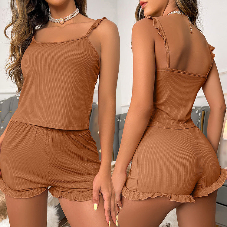 Women Fashion Casual Ribbed Lace Sexy Camisole Top Shorts Set