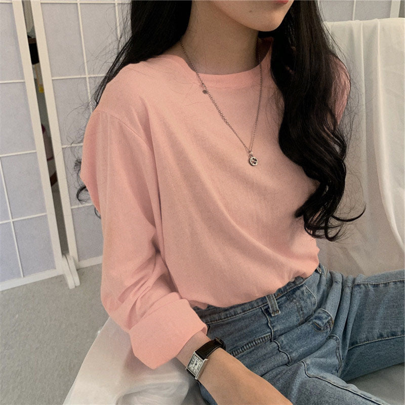 Camiseta informal de manga larga con cuello redondo y color liso para mujer