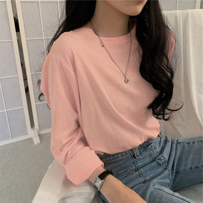 Camiseta informal de manga larga con cuello redondo y color liso para mujer