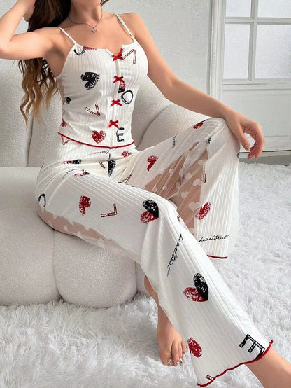 Conjunto de pijama de dos piezas con camisola estampada informal para mujer, pantalones de malla
