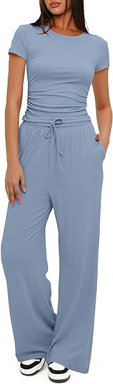 Conjunto de dos piezas de top y pantalón de manga corta de color liso informal para mujer