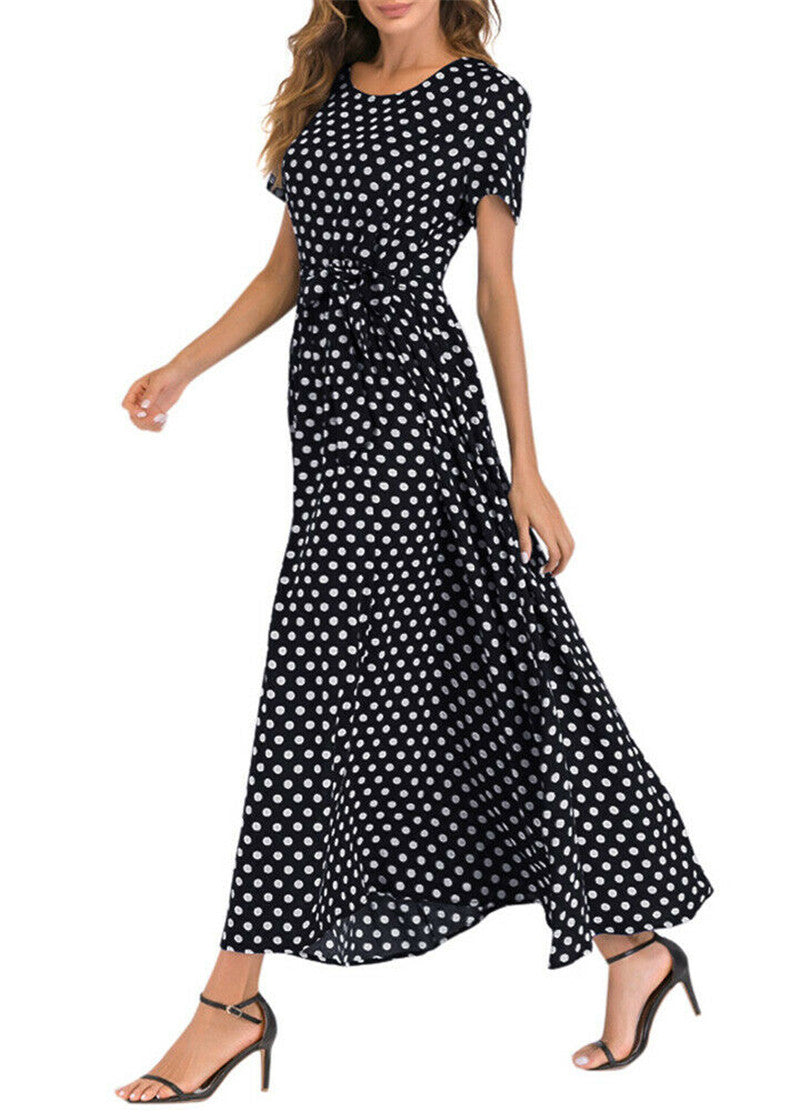 Women Casual Elegant Round Neck Short-Sleeved Polka Dot Print Midi Dress