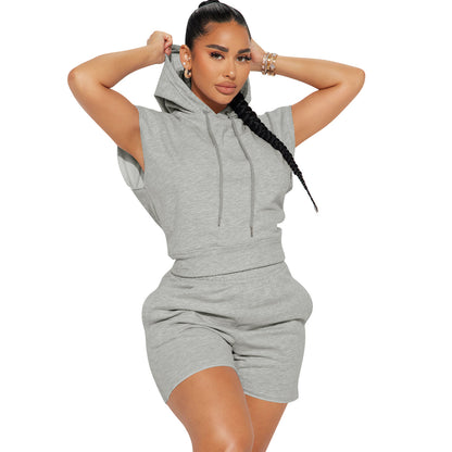 Women Fashion Casual Sports Style Solid Color Short Sleeve Hooded Top Shorts Two-Piece Set