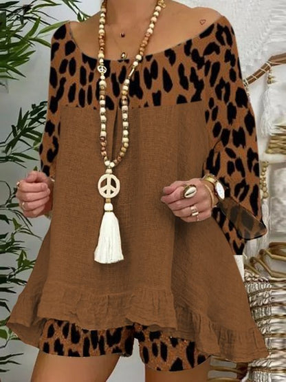 Conjunto de dos piezas con top y pantalones cortos con estampado de leopardo para mujer