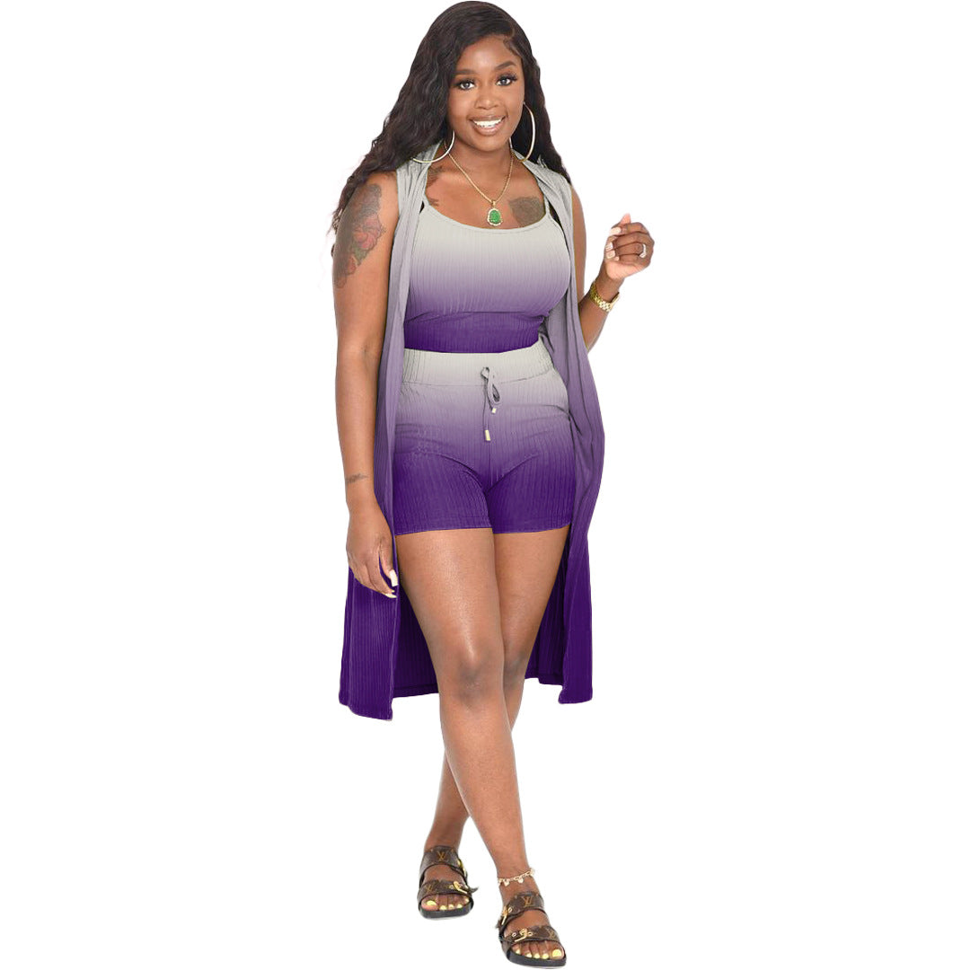 Summer Fashion Women Casual Gradient Sleeveless Cardigan Camis And Short Set