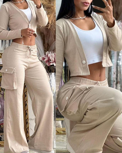 Women Casual Solid Color Long-Sleeved Crop Top Drawstring Wide-Leg Pants Two-Piece Set