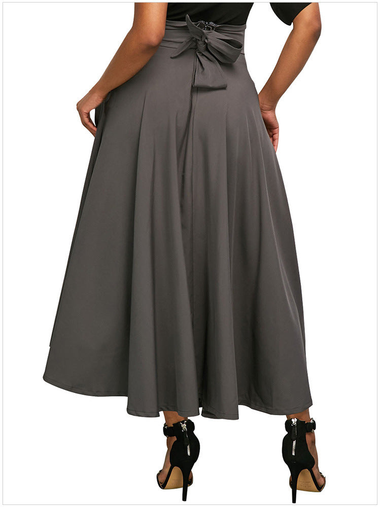 Women Fashion Casual Solid Color High Waist Pocket Pleated Skirt