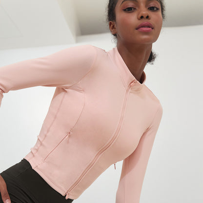 Chaqueta de yoga deportiva informal para mujer, de alta elasticidad, ajustada, con bolsillo y cremallera