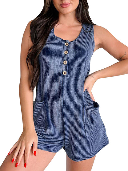 Women Fashion Casual Contrast Stripe U-Neck Sleeveless Pockets Rompers