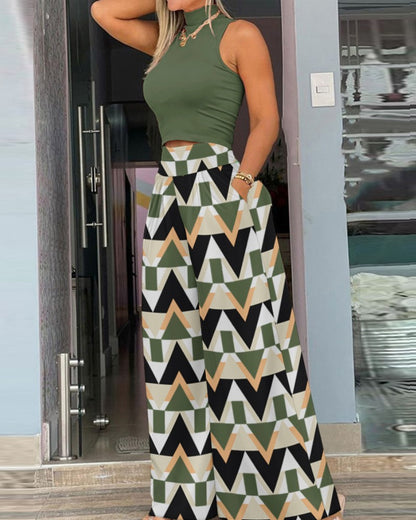 Conjunto de dos piezas de pantalón holgado estampado y top ajustado sin mangas informal a la moda para mujer