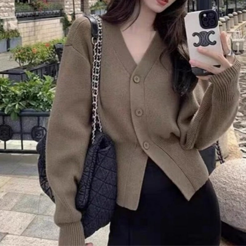 Women Fashion Casual Solid Color V-Neck Long-Sleeve Knitte Sweater Coat