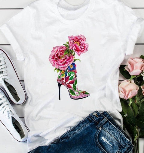Camiseta holgada informal de manga corta con estampado floral para mujer