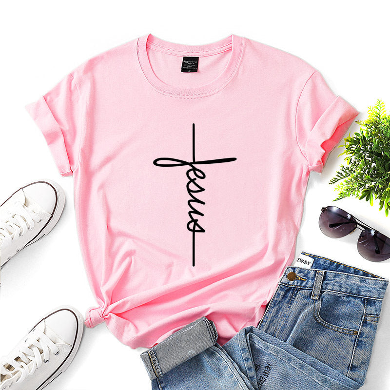 Peace Women Casual Letter Faith Print Short-sleeved Round Neck Loose Colored T-shirt