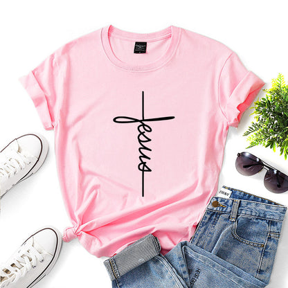 Peace Women Casual Letter Faith Print Short-sleeved Round Neck Loose Colored T-shirt
