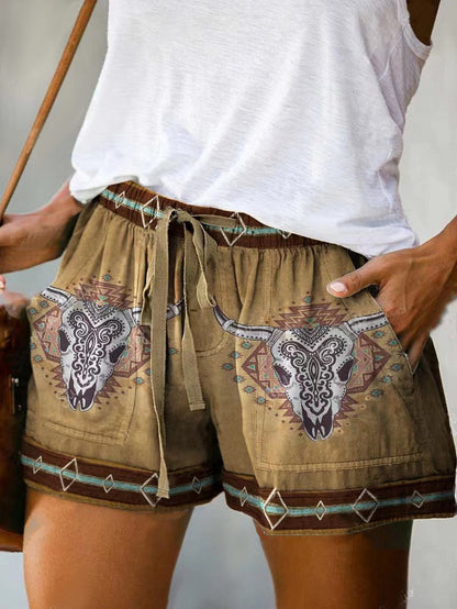 Pantalones cortos holgados con cordones y cintura alta con estampado digital informal a la moda para mujer