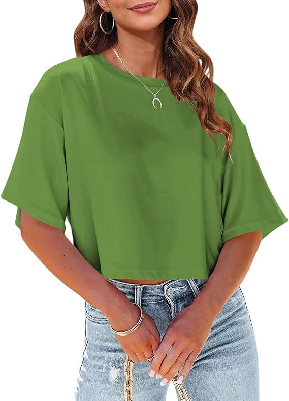 Camiseta básica informal de media manga con estampado de color liso para mujer