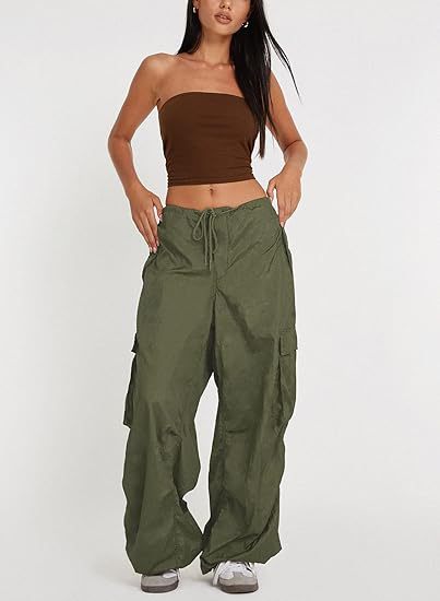 Women Casual Solid Color Loose Pocket Low Waist Drawstring Pants