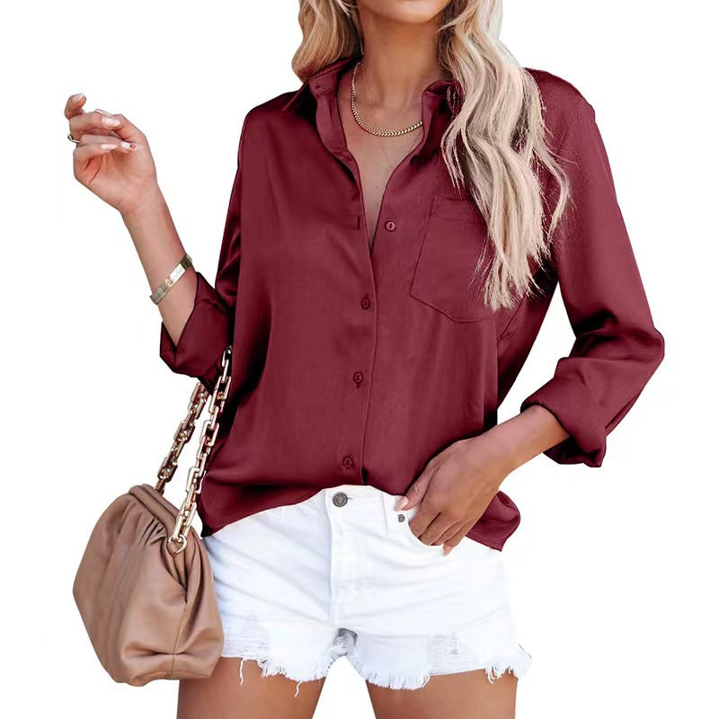 Blusa informal de manga larga con solapa y color liso para mujer