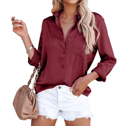 Blusa informal de manga larga con solapa y color liso para mujer