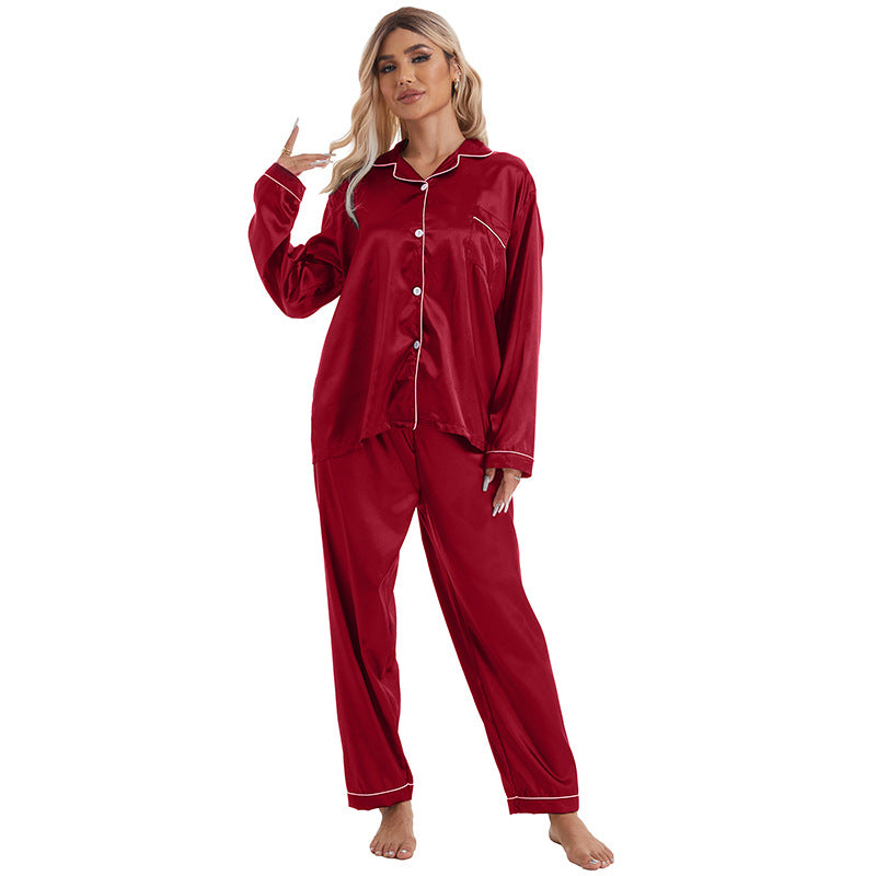 Conjunto de pijama de manga larga de seda helada con solapa informal y sencillo para mujer