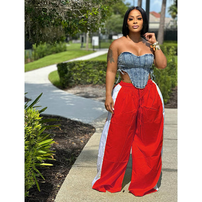 Women Fashion Casual Loose Contrast Color Stitching Wide Leg Pants