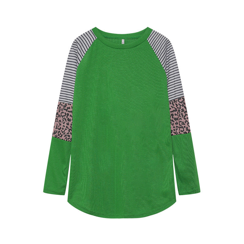Camiseta informal de manga larga con cuello redondo y rayas de leopardo para mujer de otoño