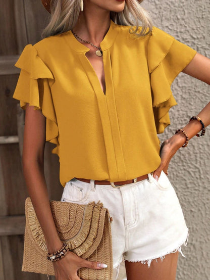 Blusa informal de verano para mujer, color liso, con cuello en V y mangas de hoja de loto de doble capa
