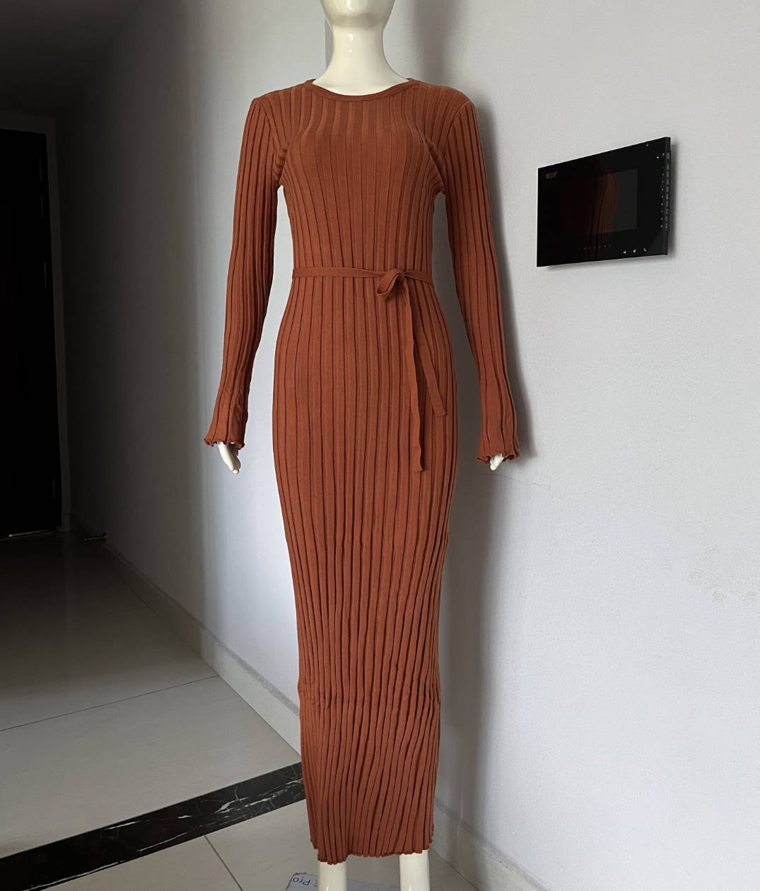 Autumn Winter Women Fashion Casual Crewneck Pit Strip Knitted Dress